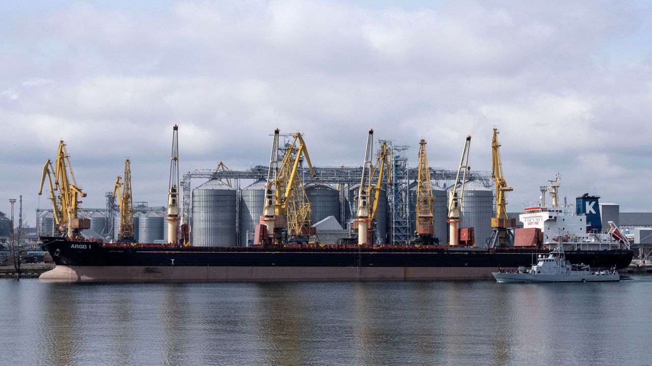 Bulk carrier ARGO I is docked at the grain terminal of the port of Odessa, Ukraine, on April 10, 2023.