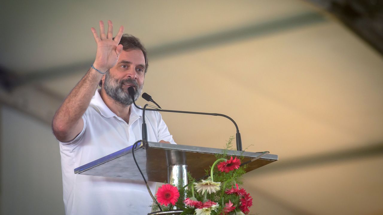 Rahul Gandhi, leader of the Indian National Congress, addresses an election rally on April 16 in Kolar, Karnataka.