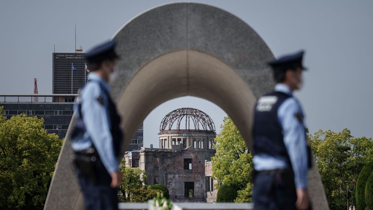 16 May 2023, Japan, Hiroshima: The Hiroshima Peace Memorial with the memorial (Kenothap) in the foreground and the Genbaku Dome in the background, is central location for the G7 Summit in Hiroshima. From May 19-21, Japan will host the G7 Summit. The "Group of Seven" (G7) is an informal alliance of leading industrialized nations. The members are Germany, France, Great Britain, Italy, Japan, Canada and the USA. Photo: Michael Kappeler/dpa (Photo by Michael Kappeler/picture alliance via Getty Images)