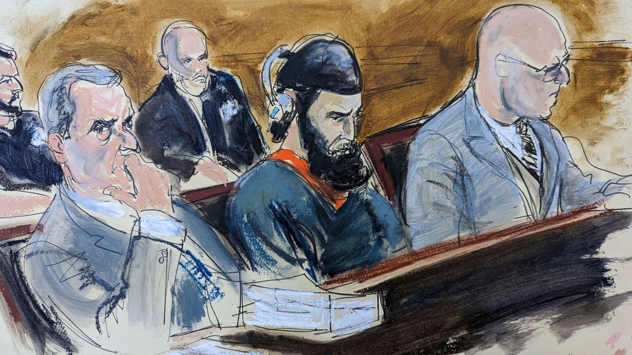 In this courtroom sketch, Sayfullo Saipov sits in federal court in New York on Wednesday during victim impact statements in the sentencing phase of his trial.