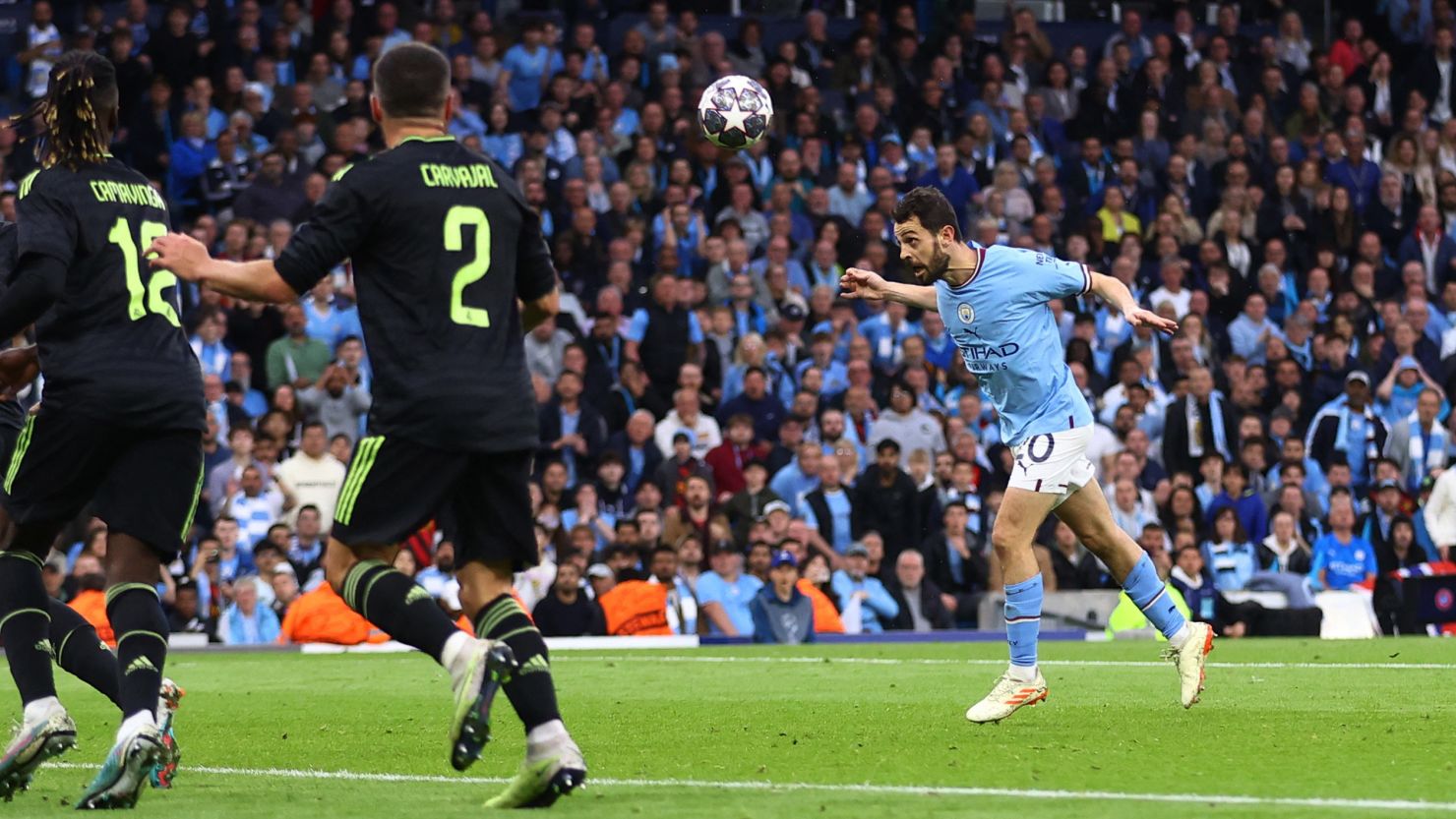 Manchester City's Bernardo Silva scores his second goal of a scintillating first half. 