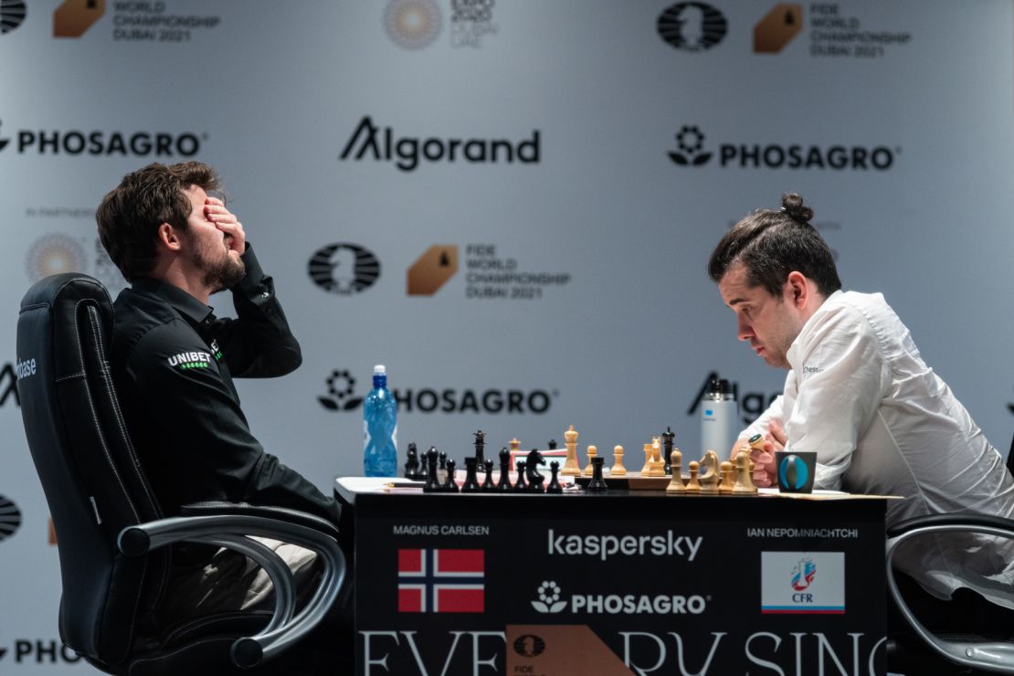 Magnus Carlsen reacts with relief when he realizes he will beat Ian Nepomniachtchi after over seven-and-a-half hours of intense play in game six of the 2022 World Champhionships. 