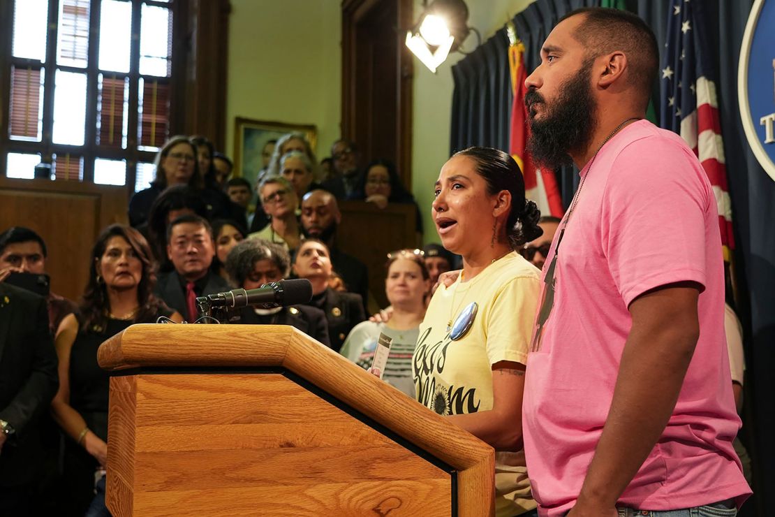 Kim and Felix Rubio stand alongside other family members of Uvalde shooting victims and plead for gun law reform at the Texas Capitol earlier this month.