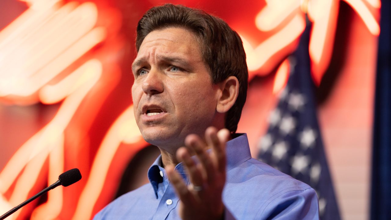 SIOUX CENTER, IA - MAY 13:  Florida Gov. Ron DeSantis speaks during the annual Feenstra Family Picnic at the Dean Family Classic Car Museum in Sioux Center, Iowa, on Saturday, May 13, 2023. (Photo by Rebecca S. Gratz for The Washington Post via Getty Images)