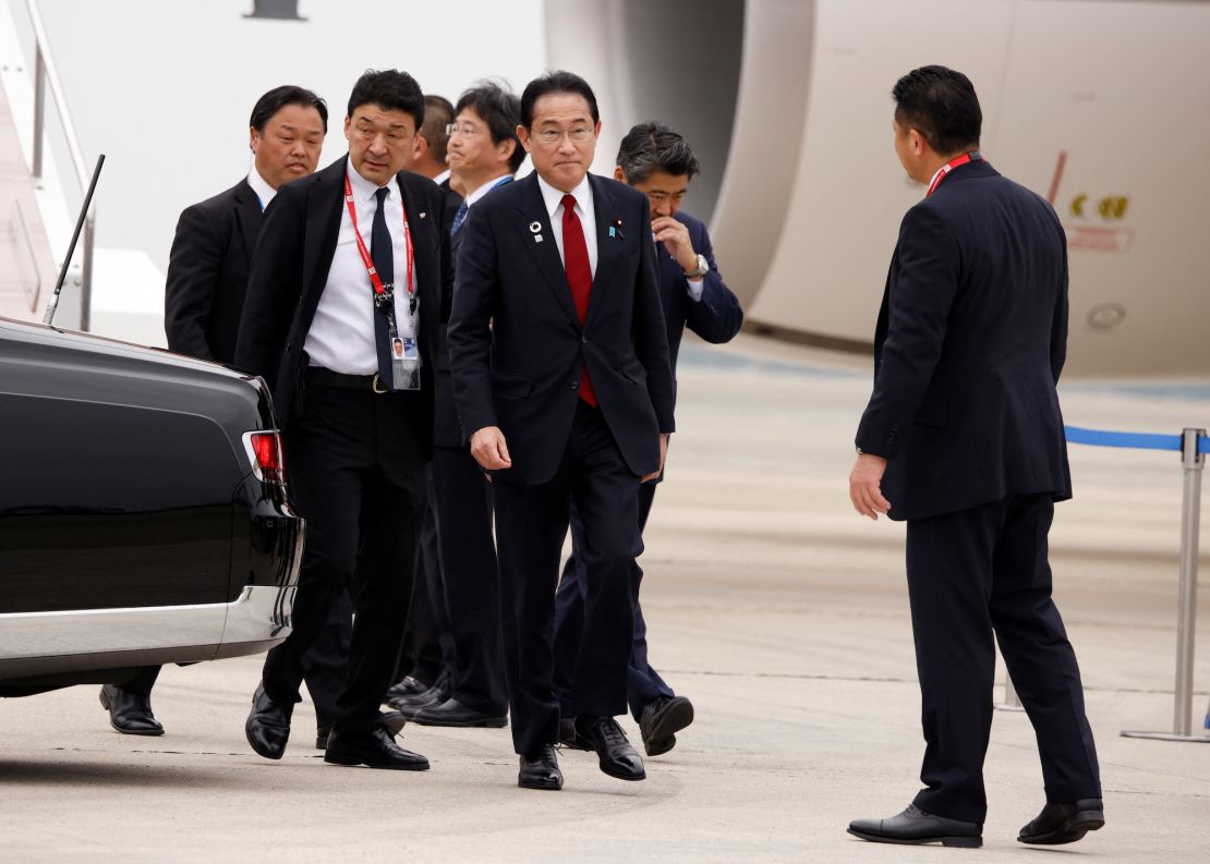 Japanese Prime Minister Fumio Kishida arrives at Hiroshima airport to attend the G7 leaders' summit in Hiroshima, Japan, on Thursday.