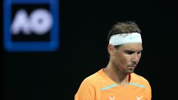 MELBOURNE, AUSTRALIA - JANUARY 18: Rafael Nadal of Spain looks on in their round two singles match against Mackenzie McDonald of the United States during day three of the 2023 Australian Open at Melbourne Park on January 18, 2023 in Melbourne, Australia. (Photo by Cameron Spencer/Getty Images)