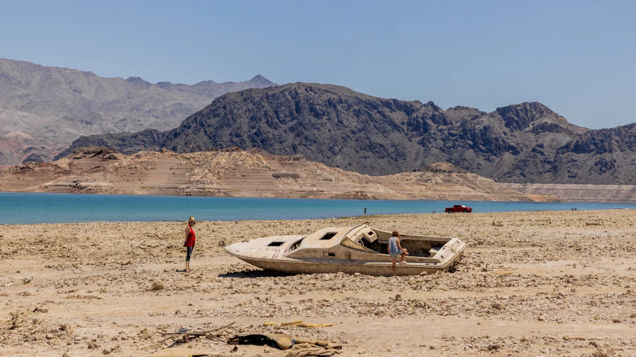 A previously submerged boat on the dry bed of Lake Mead on June 14, 2022.