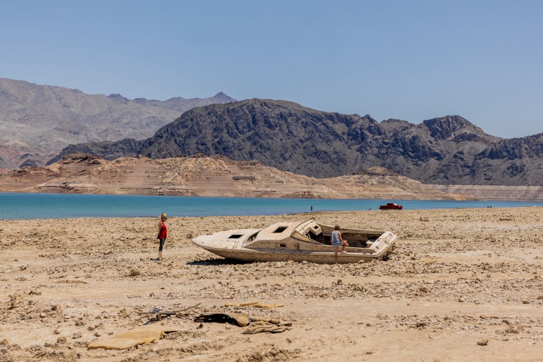 A previously submerged boat on the dry bed of Lake Mead on June 14, 2022.