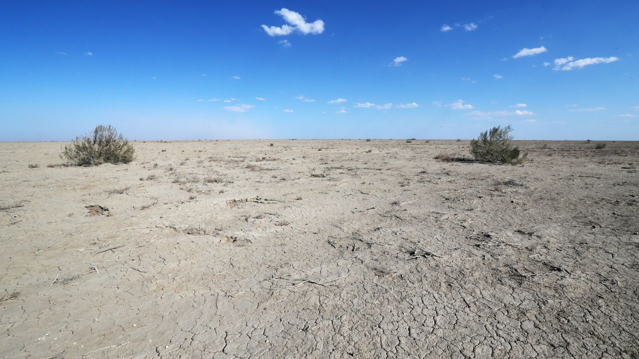 The exposed bed of the Aral Sea on May 5, 2018 near Muynak, Uzbekistan, which used to be the fourth biggest lake in the world.