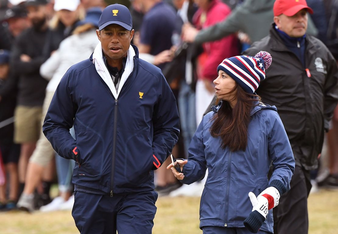 Tiger Woods and Erica Herman pictured during the third day of the Presidents Cup in Melbourne on December 14, 2019.
