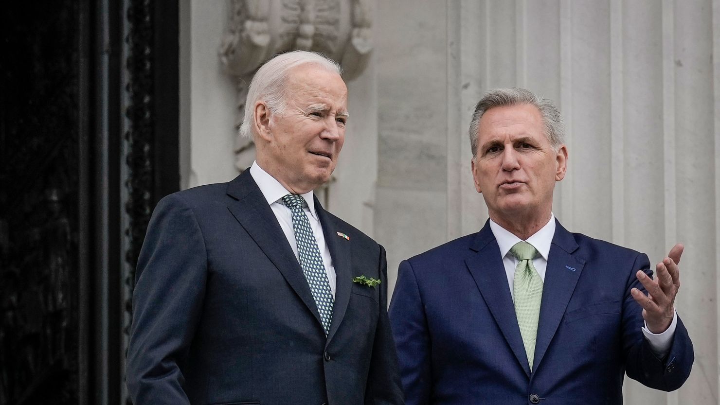 President Joe Biden and Speaker of the House Kevin McCarthy talk as they depart the U.S. Capitol following the Friends of Ireland Luncheon on March 17 in Washington, DC. 