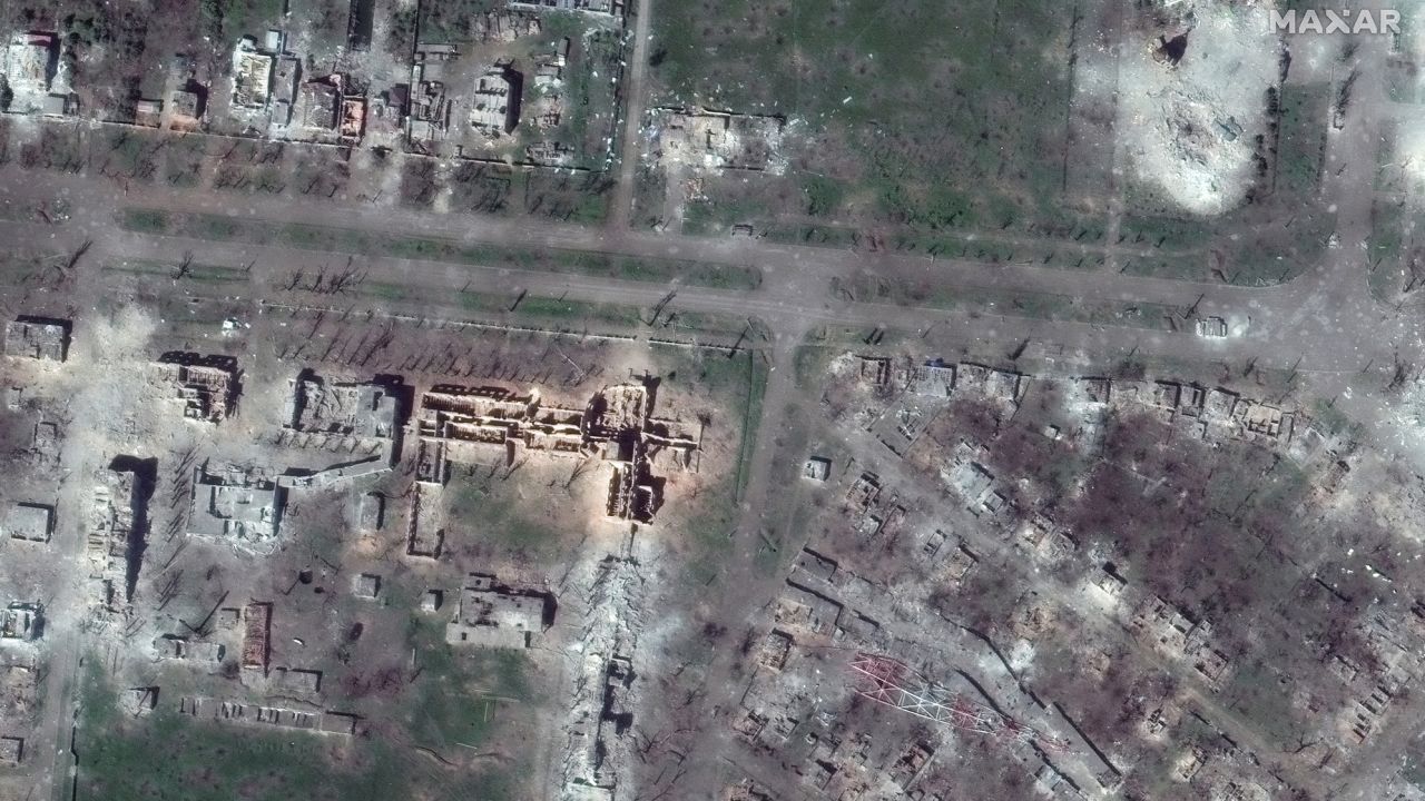 A satellite image shows demolished university buildings and a radio tower in Bakhmut this week.