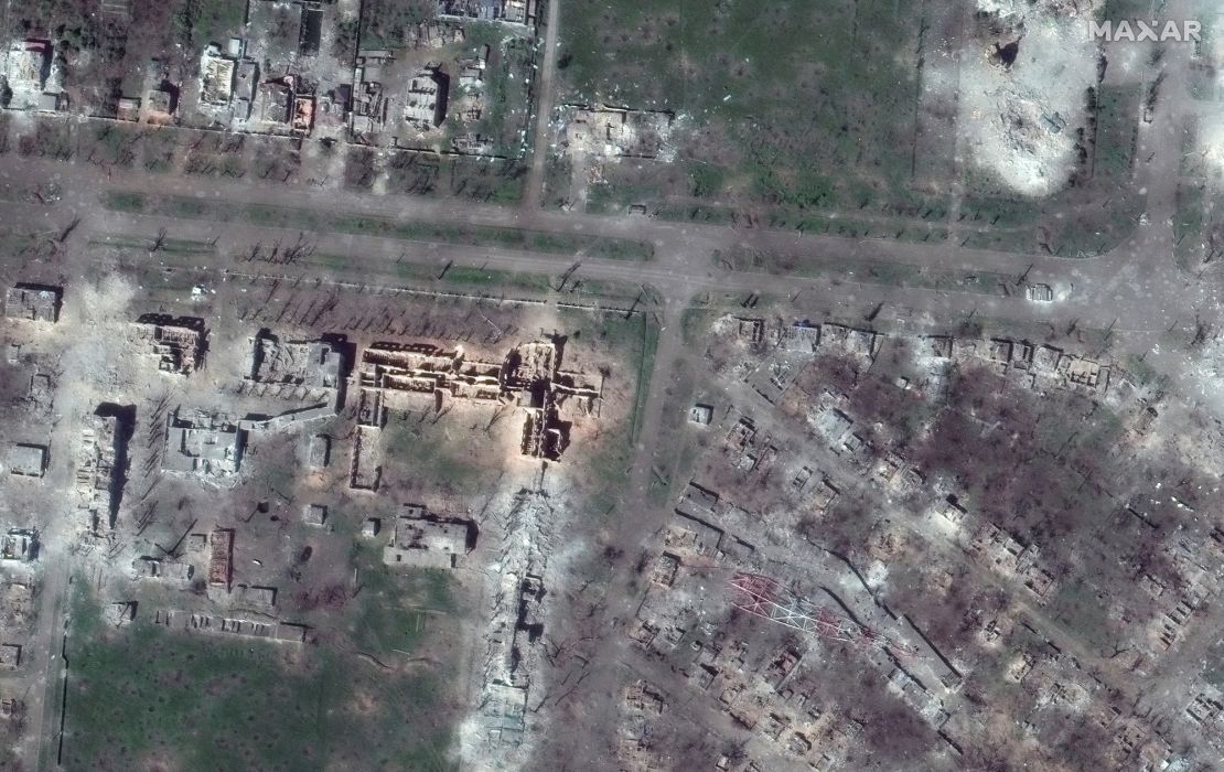 A satellite image shows demolished university buildings and a radio tower in Bakhmut this week.