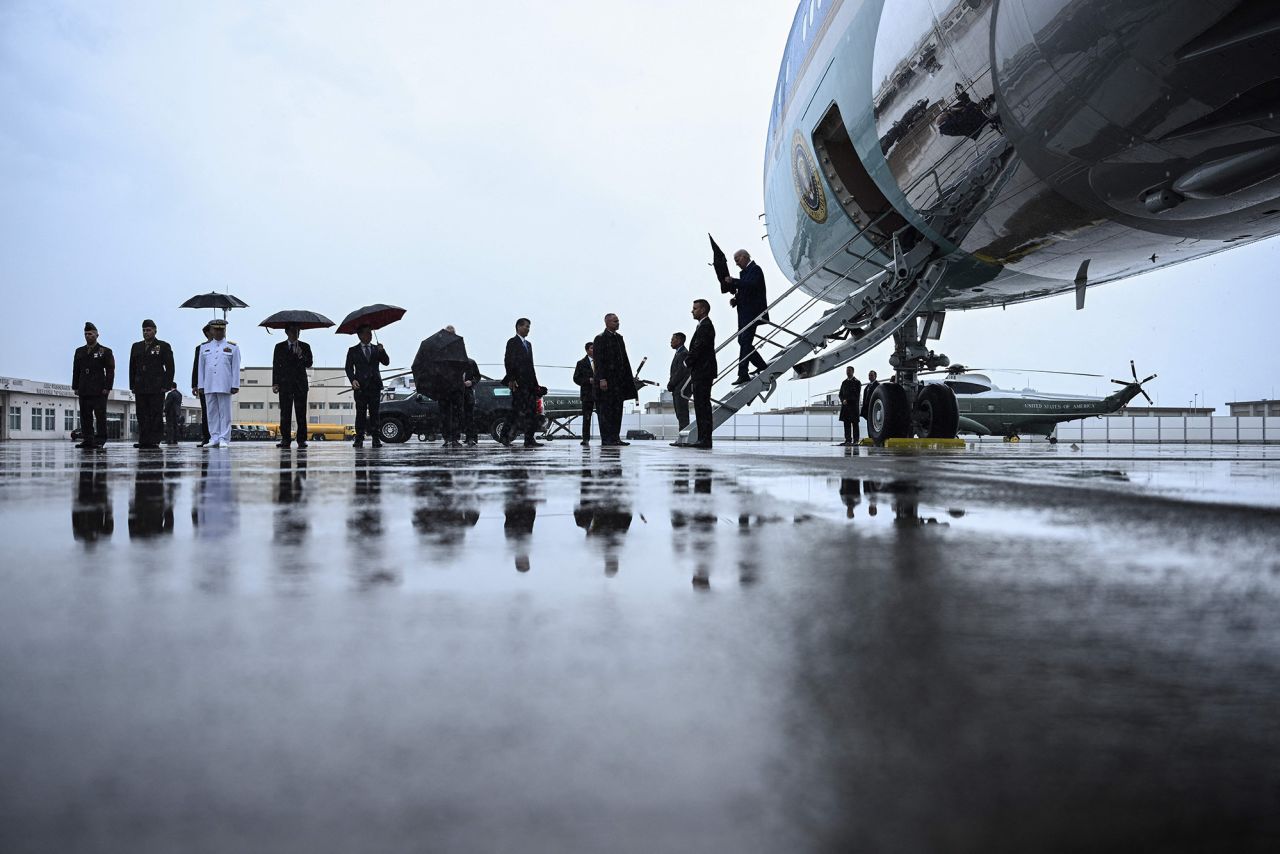Biden steps off Air Force One at the US Marine Corps base in Iwakuni, Japan, on May 18.