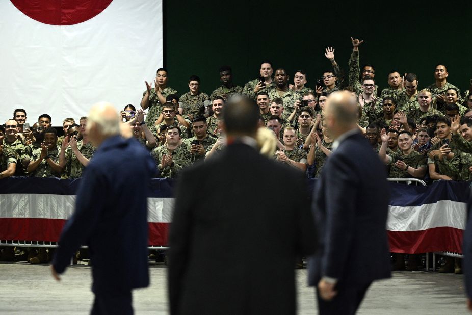 Biden greets US soldiers at the US Marine Corps base in Iwakuni, Japan, on May 18.