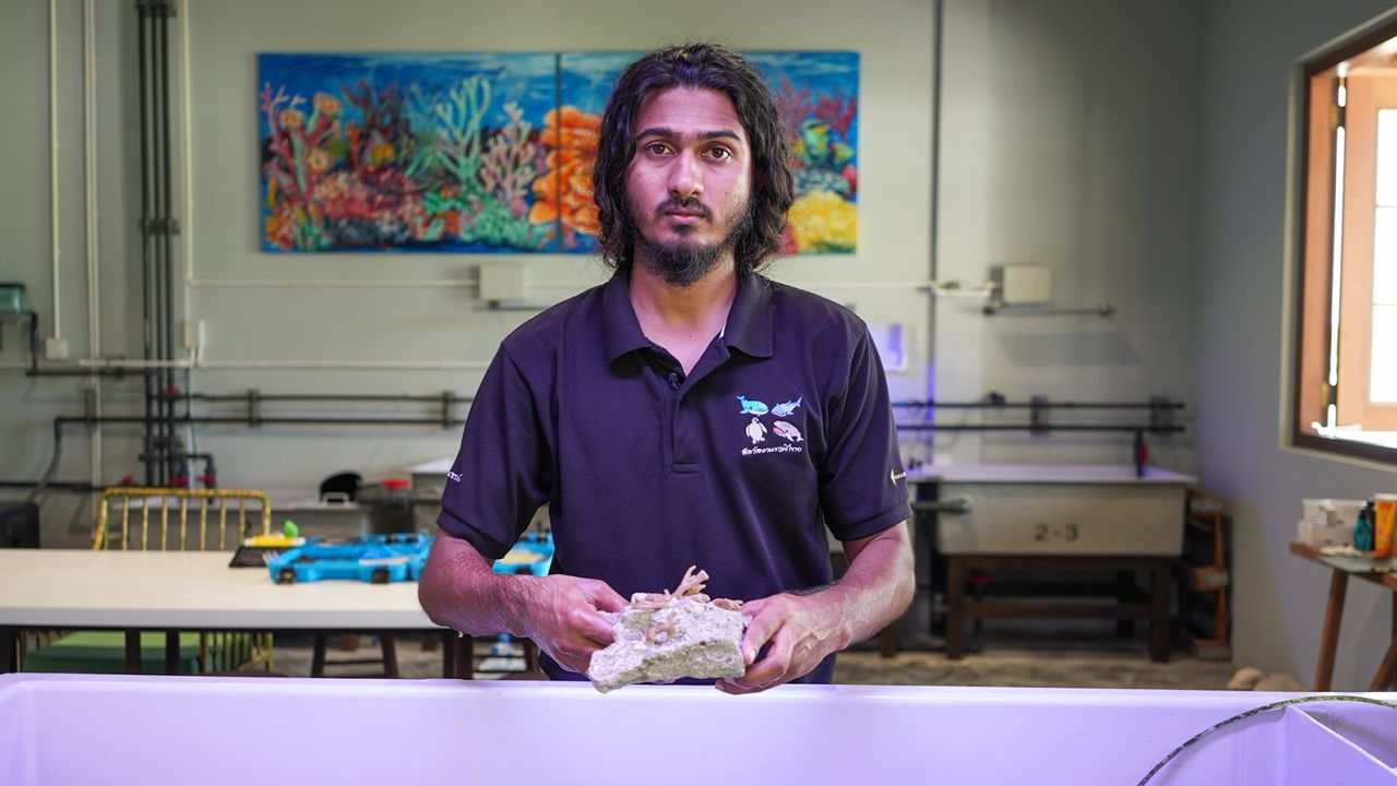 Ali Shaamy, research assistant in the Marine Discover Centre, demonstrates the coral propagation process.