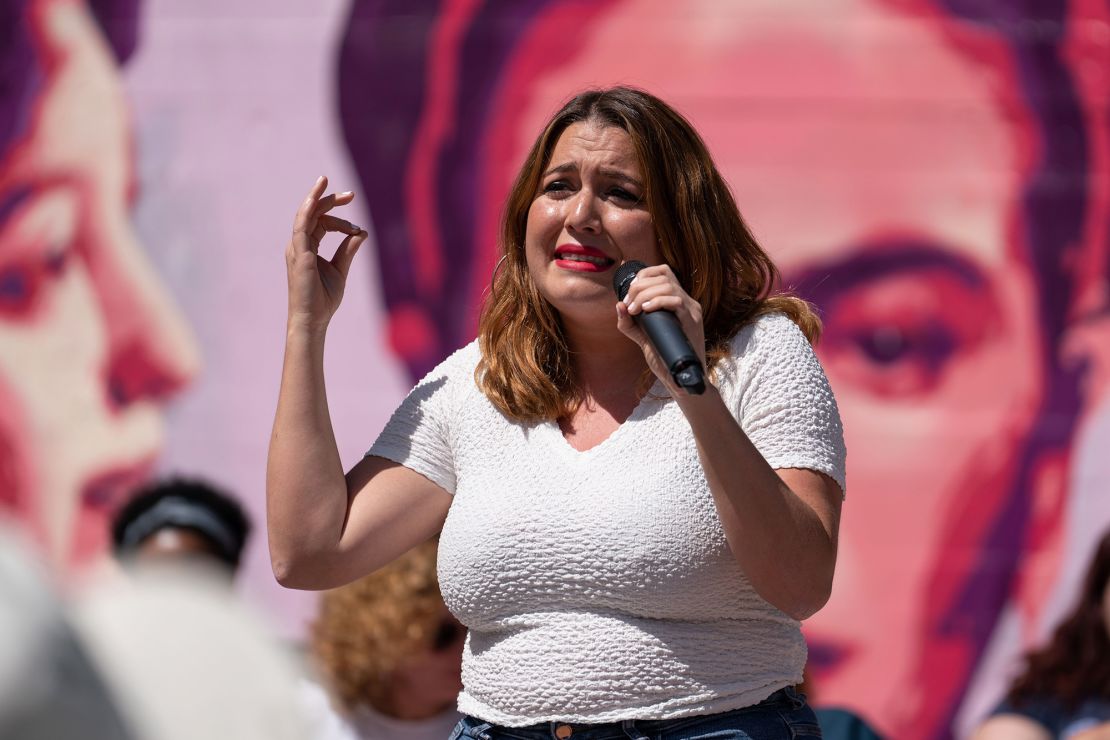 Angela Rodriguez speaking in Madrid on May 5.