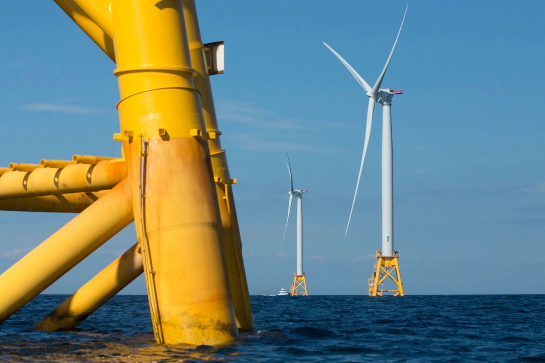 Three of the seven only offshore wind turbines in US waters at the Deepwater Wind project near Block Island, Rhode Island.