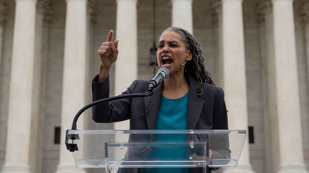 Leadership Conference on Civil and Human Rights CEO Maya Wiley speaks at rally outside the U.S. Supreme Court as justices heard oral arguments on two cases on whether colleges and universities can continue to consider race as a factor in admissions decisions Oct. 31, 2022. 