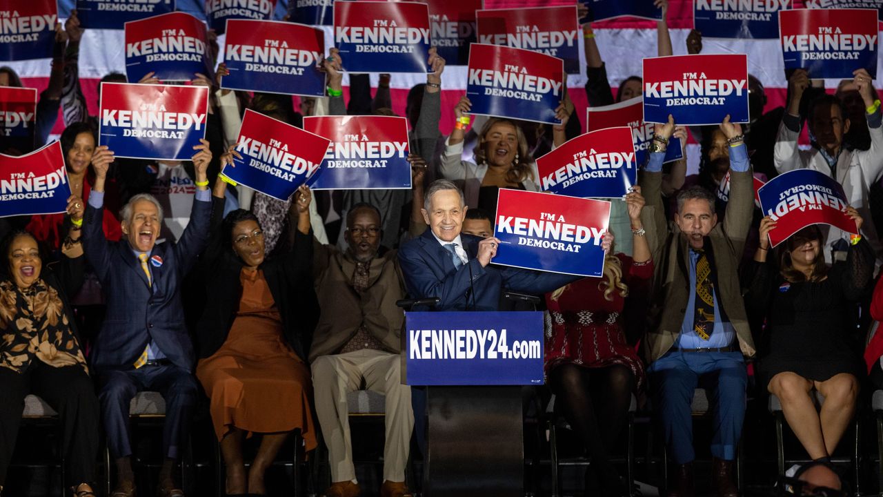 Former Ohio Rep. Dennis Kucinich introduces Robert F. Kennedy Jr. at his official presidential announcement in Boston on April 19, 2023.