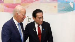 President Joe Biden shakes hands with Japan's Prime Minister Fumio Kishida prior to a bilateral meeting in Hiroshima, Japan, on May 18. 