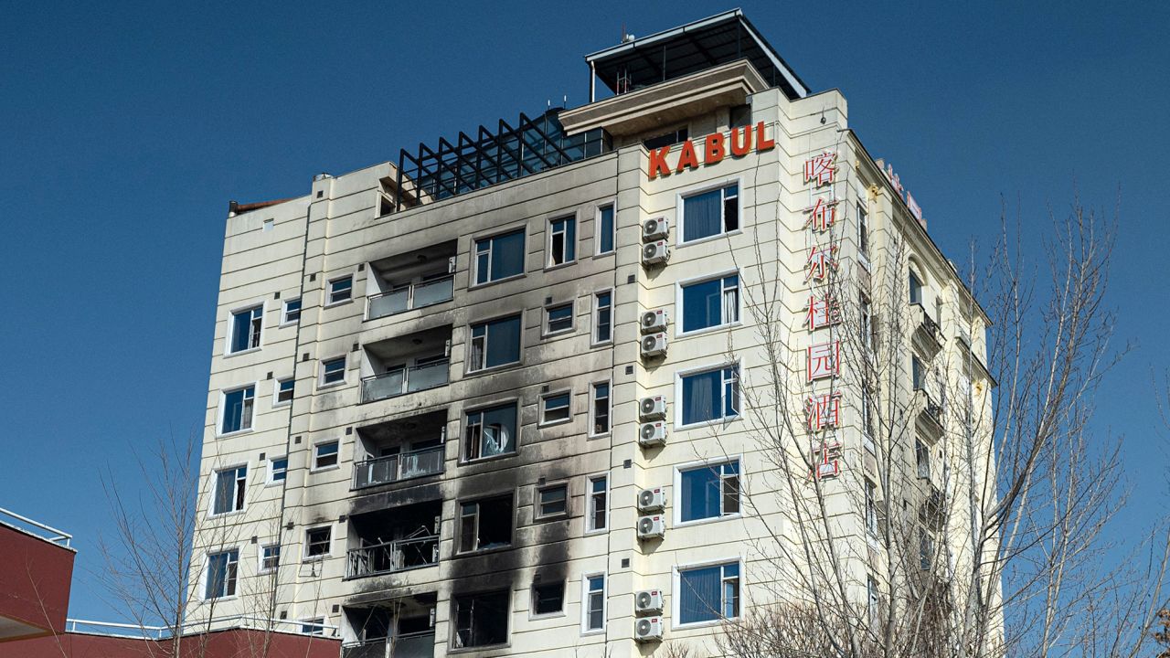 The burned facade of a hotel in Kabul attacked by ISIS-K on December 12, 2022.