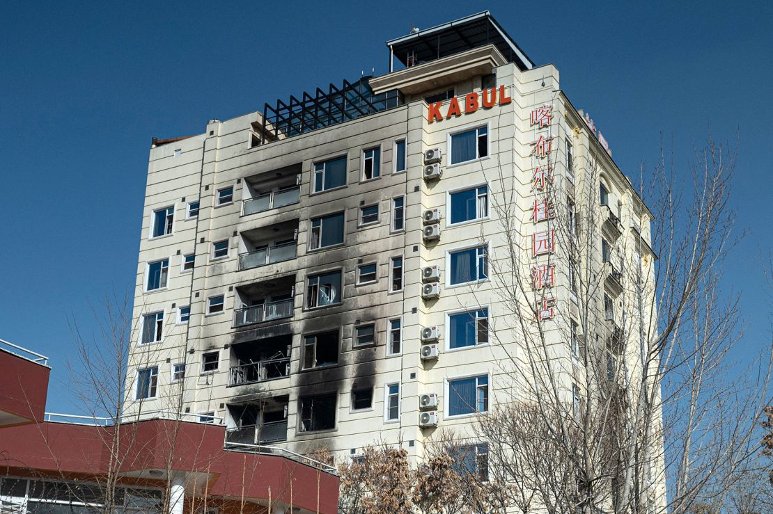 The burned facade of a hotel in Kabul attacked by ISIS-K on December 12, 2022. 