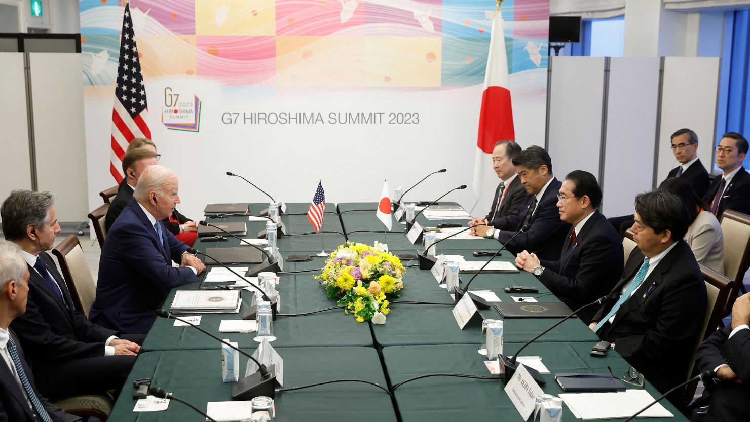 US President Joe Biden sits with Secretary of State Antony Blinken during a bilateral meeting with Japan's Prime Minister Fumio Kishida in Hiroshima, Japan, on Thursday, May 18. 