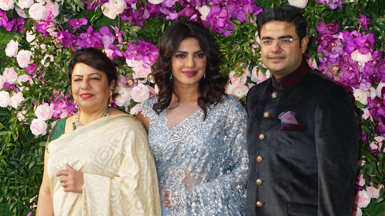(From left) Madhu Chopra, Priyanka Chopra Jonas and Siddharth Chopra in 2019 in Mumbai.