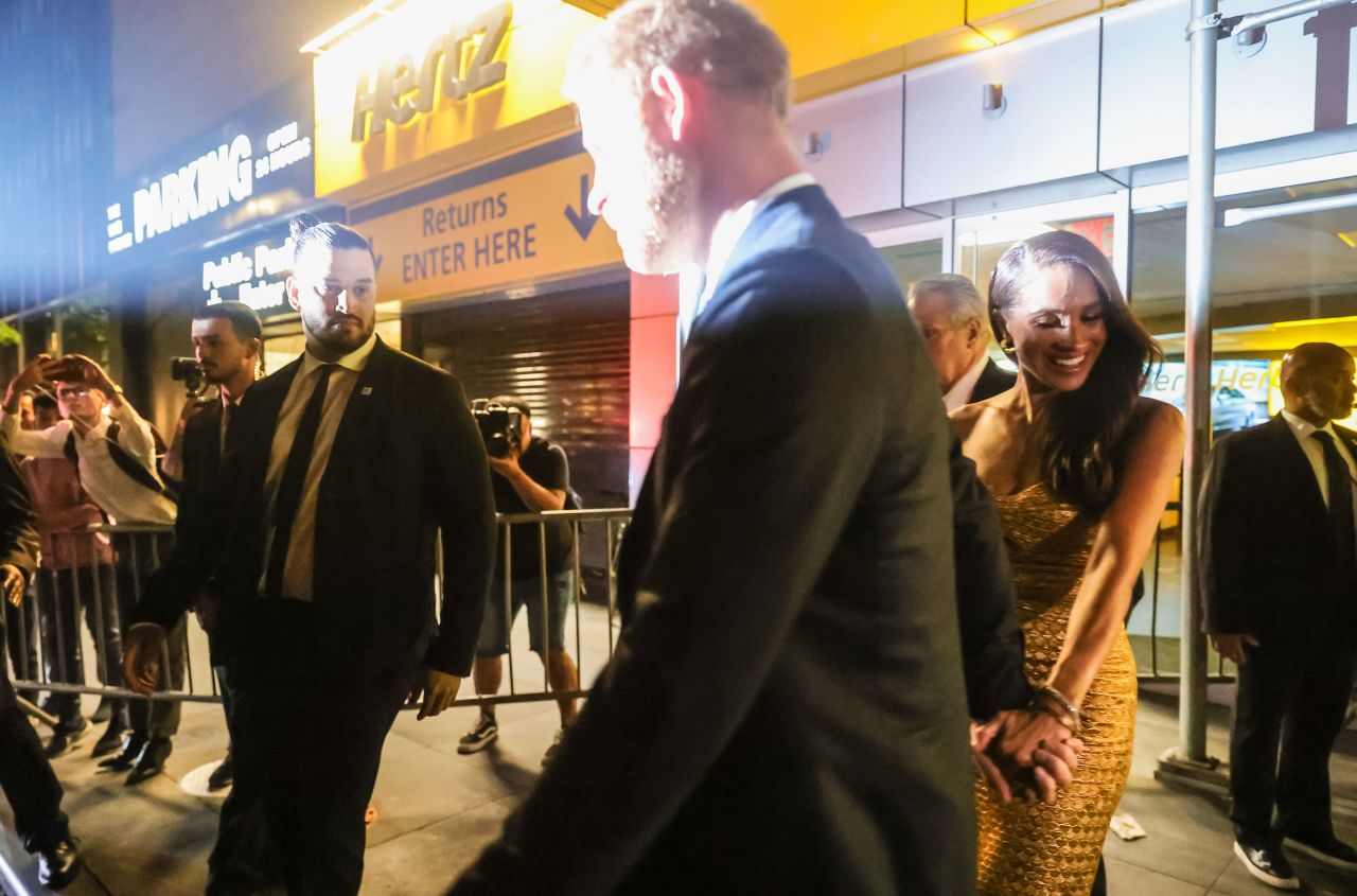 Britain's Prince Harry, center, and his wife Meghan, the Duchess of Sussex, attend the Women of Vision Awards in New York on Tuesday, May 16. After the event, the couple was involved in a chaotic car chase with paparazzi that could have resulted in a "catastrophic" outcome, <a href="https://www.cnn.com/2023/05/17/americas/harry-meghan-car-crash-intl/index.html" target="_blank">their spokesperson alleged</a>.
