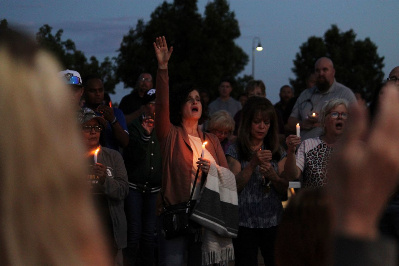 Community members sing during a prayer vigil that was held at a church in Farmington, New Mexico, on Monday, May 15. Earlier in the day, <a href="https://www.cnn.com/2023/05/16/us/farmington-new-mexico-shooting-tuesday/index.html" target="_blank">a mass shooting in the city</a> left three people dead and six others wounded. The 18-year-old gunman was shot dead by responding police officers.