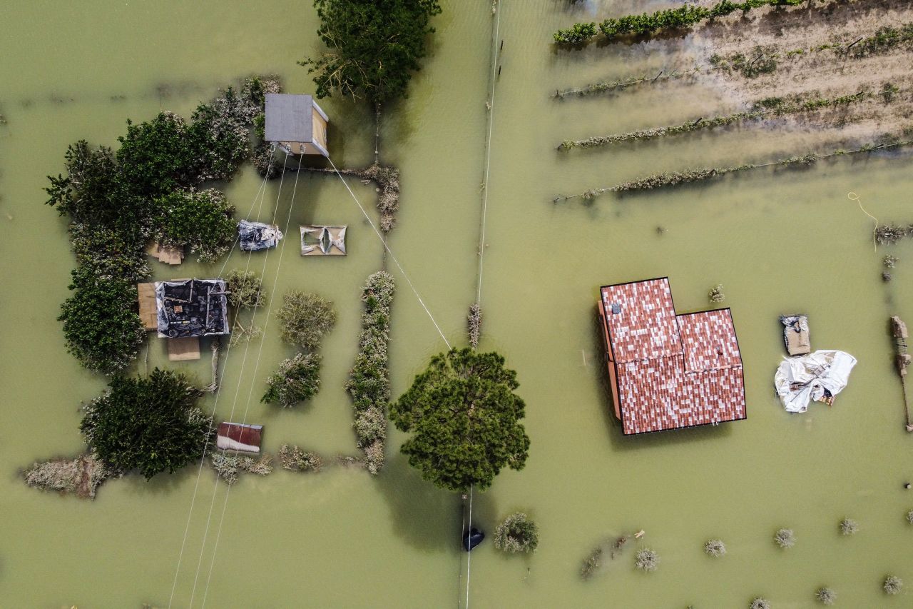 This aerial photo, taken on Thursday, May 18, shows a flooded street in Cesena, Italy. <a href="https://www.cnn.com/2023/05/17/europe/italy-flooding-three-killed-rain-intl/index.html" target="_blank">At least nine people have been killed by heavy flooding and mudslides</a> in the northern Italian region of Emilia Romagna, and as many as 20,000 residents are being forced to evacuate, according to local authorities.