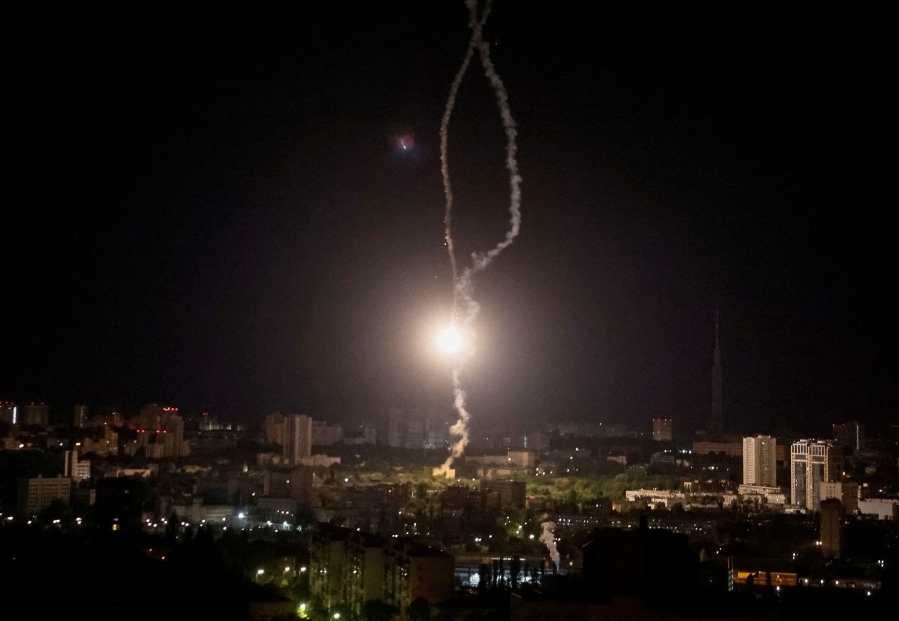 A missile explodes over Kyiv, Ukraine, on Tuesday, May 16. Russia launched an aerial assault against the Ukrainian capital, but most of the Russian munitions failed to hit their marks after being <a href="https://www.cnn.com/2023/05/16/europe/kyiv-russian-missile-attack-intl-hnk/index.html" target="_blank">detected and destroyed by Ukraine's defense systems</a>, said the head of Kyiv's military administration.