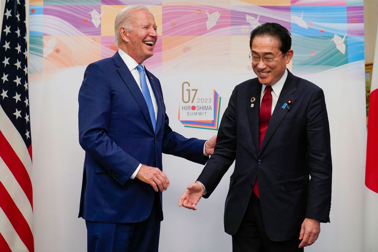 US President Joe Biden, left, <a href="https://www.cnn.com/2023/05/18/politics/biden-fumio-kishida-meeting-japan/index.html" target="_blank">meets with Japanese Prime Minister Fumio Kishida</a> ahead of the G7 summit in Hiroshima, Japan, on Thursday, May 18. <a href="http://www.cnn.com/2023/05/18/politics/gallery/president-joe-biden-japan/index.html" target="_blank">See more photos of Biden's trip to Japan</a>.