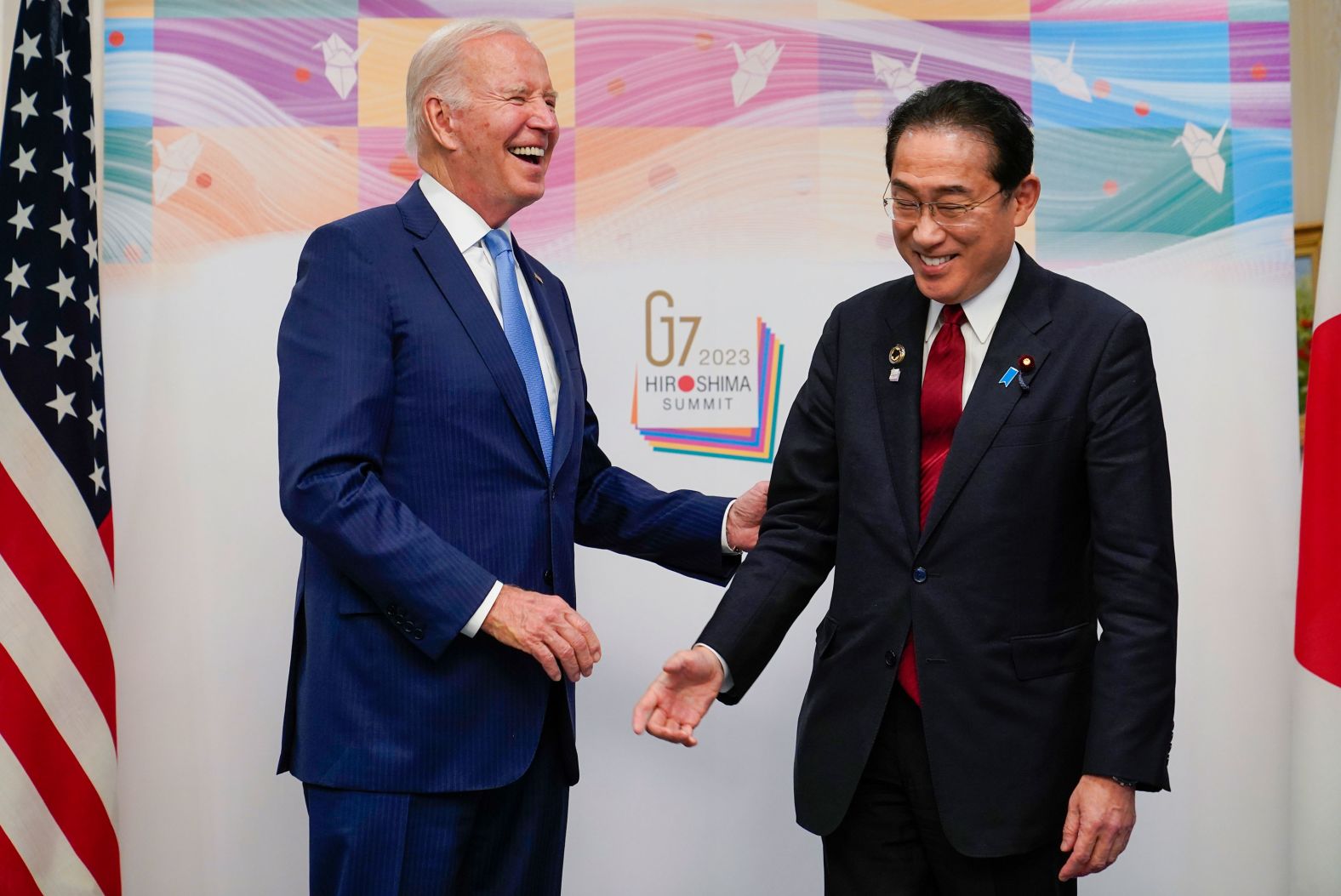 US President Joe Biden, left, <a href="index.php?page=&url=https%3A%2F%2Fwww.cnn.com%2F2023%2F05%2F18%2Fpolitics%2Fbiden-fumio-kishida-meeting-japan%2Findex.html" target="_blank">meets with Japanese Prime Minister Fumio Kishida</a> ahead of the G7 summit in Hiroshima, Japan, on Thursday, May 18. <a href="index.php?page=&url=http%3A%2F%2Fwww.cnn.com%2F2023%2F05%2F18%2Fpolitics%2Fgallery%2Fpresident-joe-biden-japan%2Findex.html" target="_blank">See more photos of Biden's trip to Japan</a>.