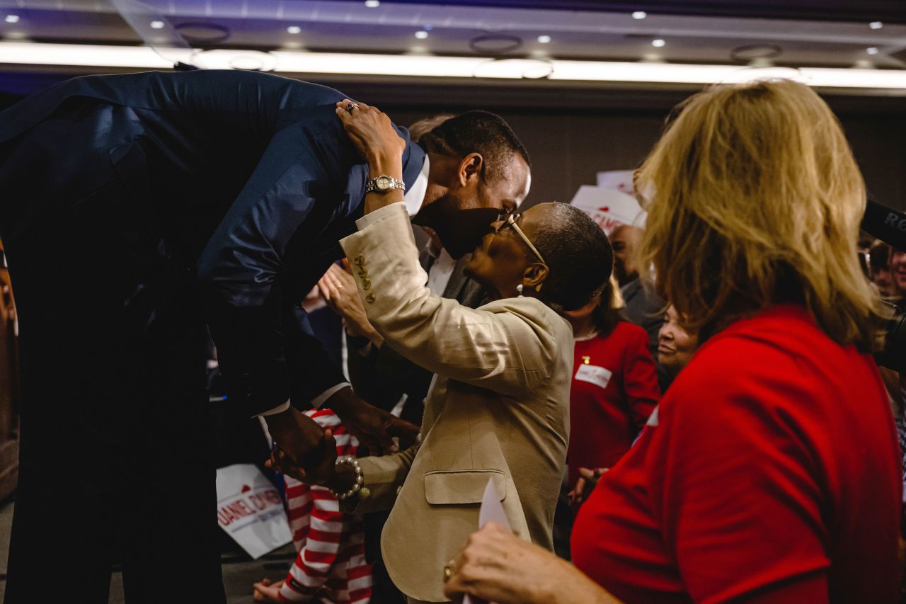 Kentucky Attorney General Daniel Cameron, who is running for governor, embraces his mother, Sandra, at an election-night watch party in Louisville on Tuesday, May 16. <a href="https://www.cnn.com/2023/05/16/politics/kentucky-governor-primary/index.html" target="_blank">Cameron's victory in the Republican primary</a> sets up a highly anticipated clash this fall with Democratic Gov. Andy Beshear.
