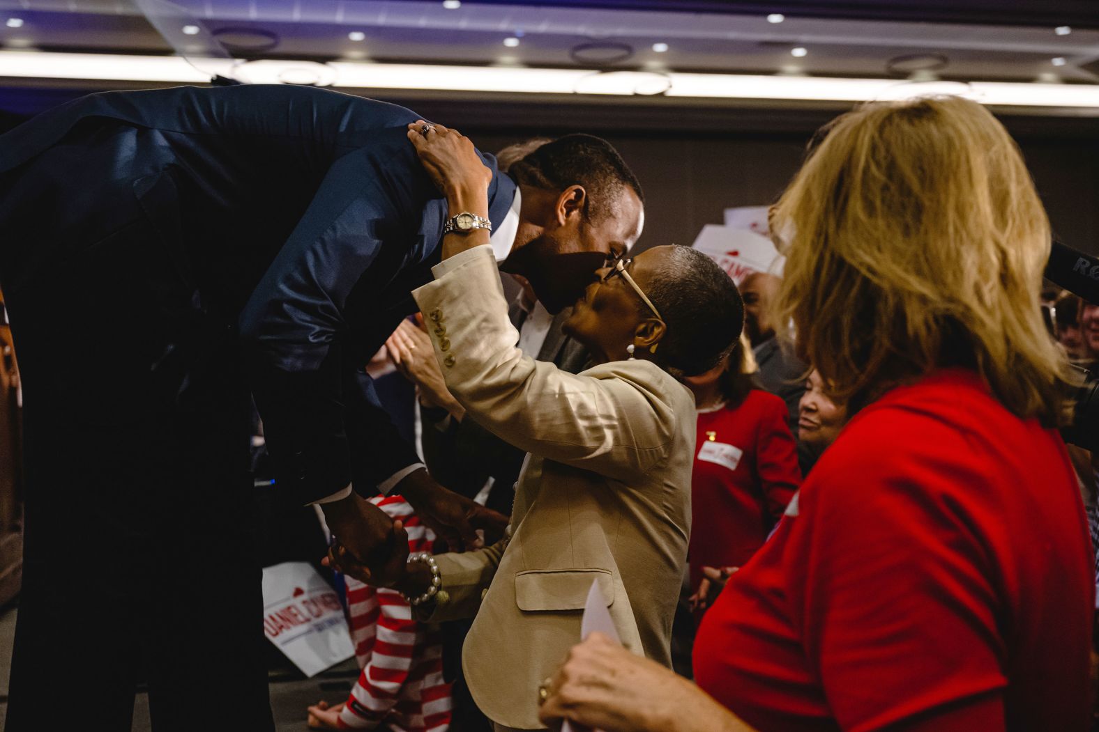 Kentucky Attorney General Daniel Cameron, who is running for governor, embraces his mother, Sandra, at an election-night watch party in Louisville on Tuesday, May 16. <a href="index.php?page=&url=https%3A%2F%2Fwww.cnn.com%2F2023%2F05%2F16%2Fpolitics%2Fkentucky-governor-primary%2Findex.html" target="_blank">Cameron's victory in the Republican primary</a> sets up a highly anticipated clash this fall with Democratic Gov. Andy Beshear.