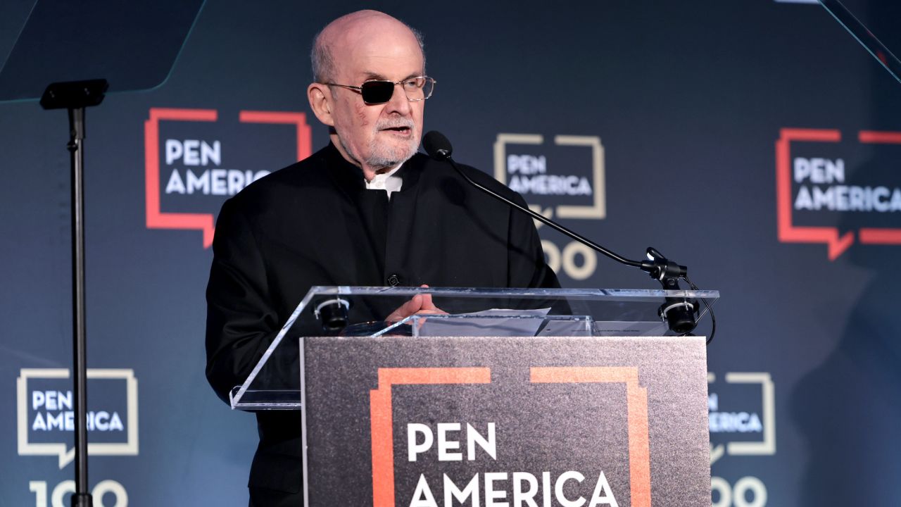 Honoree Salman Rushdie speaks on stage at the 2023 PEN America Literary Gala at American Museum of Natural History on May 18, 2023 in New York City. 