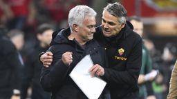 LEVERKUSEN, GERMANY - MAY 18: AS Roma coach Josè Mourinho celebrates after the UEFA Europa League semi-final second leg match between Bayer 04 Leverkusen and AS Roma at BayArena on May 18, 2023 in Leverkusen, Germany. (Photo by Luciano Rossi/AS Roma via Getty Images)