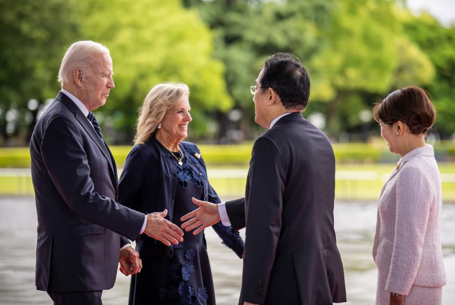 Kishida and his wife Yuko Kishida welcome Biden and first lady Jill to the G7 summit in Hiroshima on May 19.