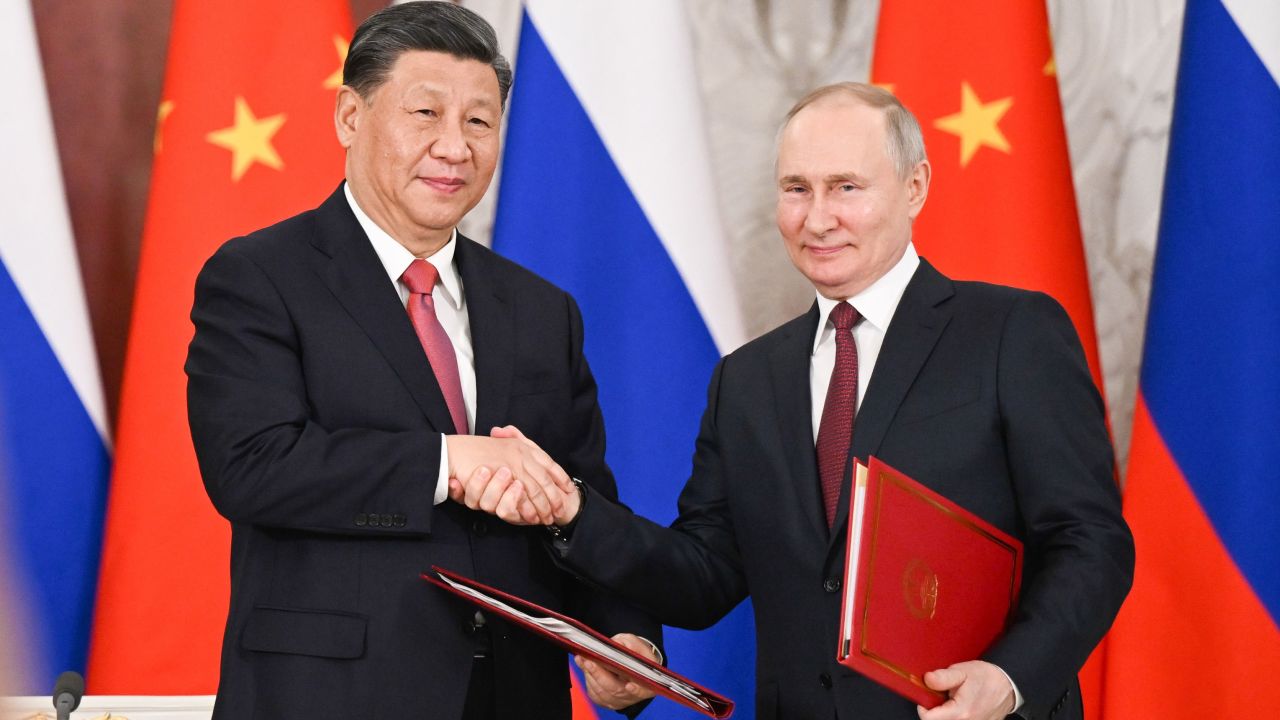 Chinese President Xi Jinping and Russian President Vladimir Putin shake hands after jointly signing a Joint Statement of the People's Republic of China and the Russian Federation on Deepening the Comprehensive Strategic Partnership of Coordination for the New Era and a Joint Statement of the President of the People's Republic of China and the President of the Russian Federation on Pre-2030 Development Plan on Priorities in China-Russia Economic Cooperation in Moscow, Russia, March 21, 2023. Xi on Tuesday held talks with Putin at the Kremlin in Moscow. (Photo by Xie Huanchi/Xinhua via Getty Images)