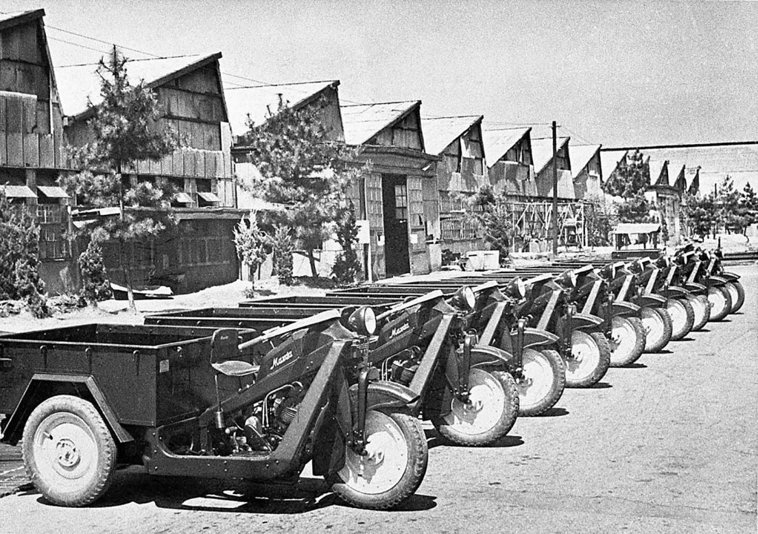 <strong>Mazda's tricycle trucks:</strong> in December 1945, automotive manufacturer Mazda resumed production of its tricycle trucks and made it a priority to get them to Hiroshima to help people transport essential items needed for daily life.
