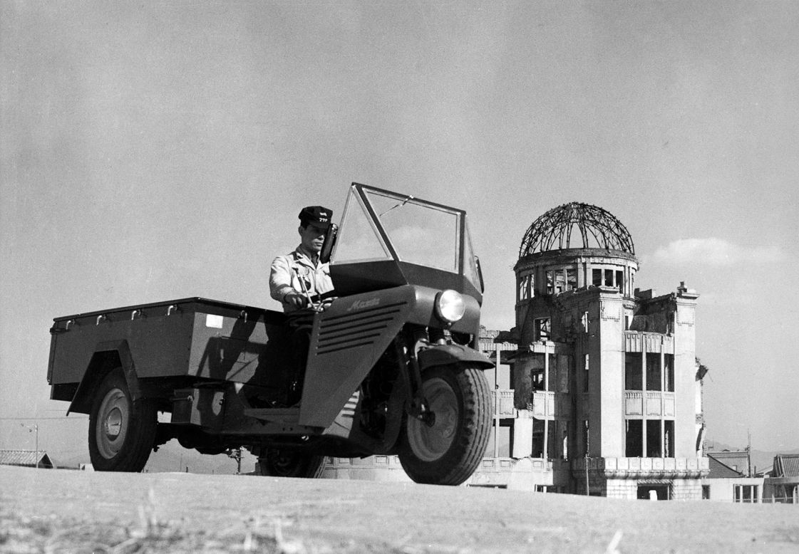<strong>Aiding the recovery: </strong>The three-wheeled trucks became a familiar sight around Hiroshima city in the post-war months.