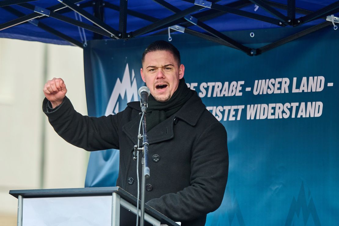 Hannes Gnauck during a statement by right-wing activists from the Young Alternative for Germany at the Brandenburg Gate in Berlin. 