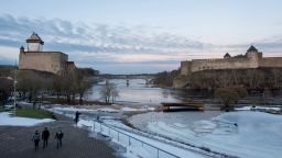 The River Narva separating Estonia, left, and Russia, right, in Narva, Estonia, on Friday, Jan. 20, 2023. A company in Estonia is building a new plant to try and challenge Chinas grip on rare earth magnets, a vital component of electric vehicles. Photographer: Peter Kollanyi/Bloomberg via Getty Images