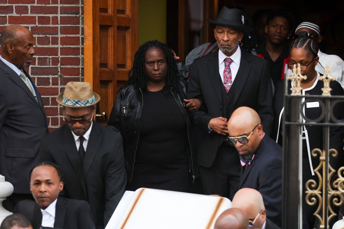 Andre Zachary, Jordan Neely's father, follows the coffin of his son after the funeral service Friday.
