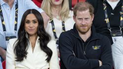 THE HAGUE, NETHERLANDS - APRIL 17: Meghan, Duchess of Sussex and Prince Harry, Duke of Sussex at the sitting volleyball during the Invictus Games at Zuiderpark on April 17, 2022 in The Hague, Netherlands. (Photo by Mark Cuthbert/UK Press via Getty Images)