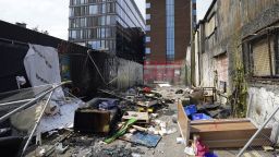 The remains of a camp in Sandwith Street, Dublin, following a protest earlier this month, where it was dismantled and later set alight