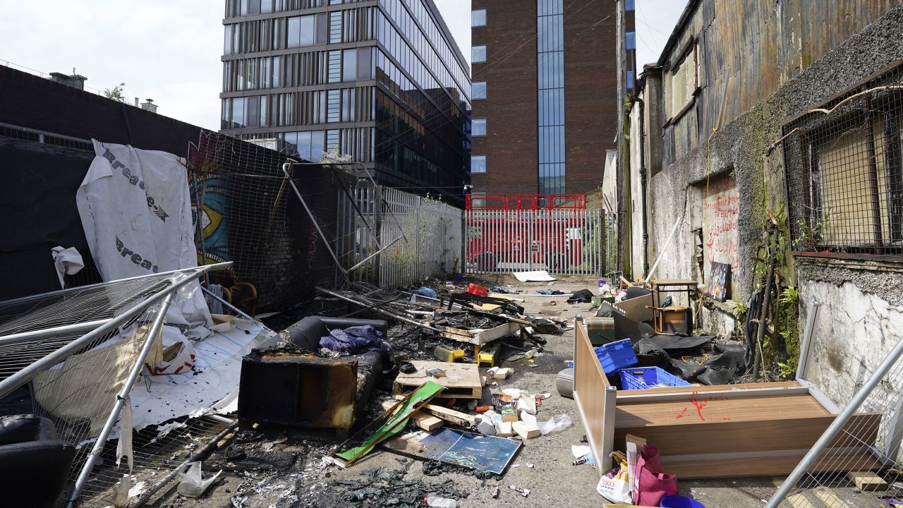The remains of a camp in Sandwith Street, Dublin, are pictured following a protest earlier this month, where it was dismantled and later set alight.