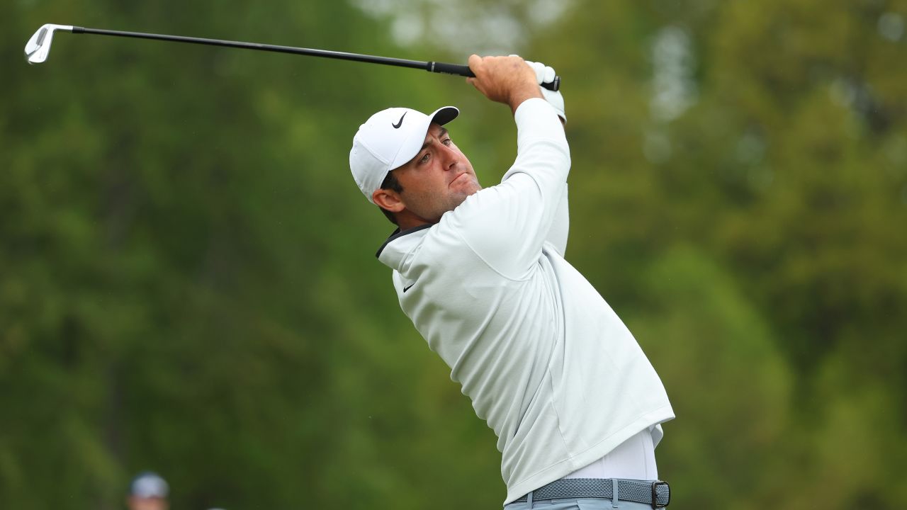Scottie Scheffler drives during the second round of the 2023 PGA Championship at Oak Hill Country Club in Rochester, New York.